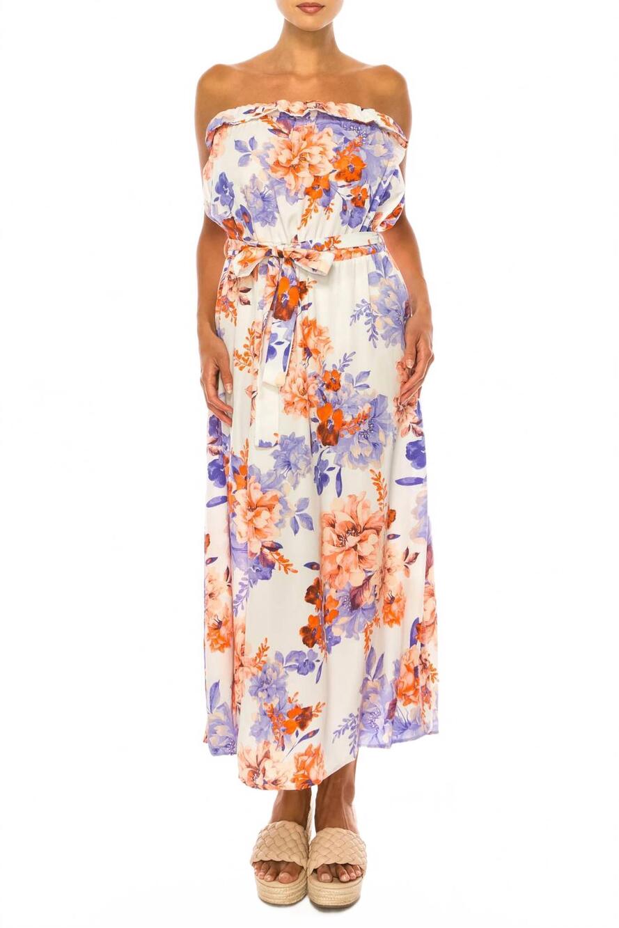 NEW VIVID floral belted a-line strapless maxi dress in grey peri peach